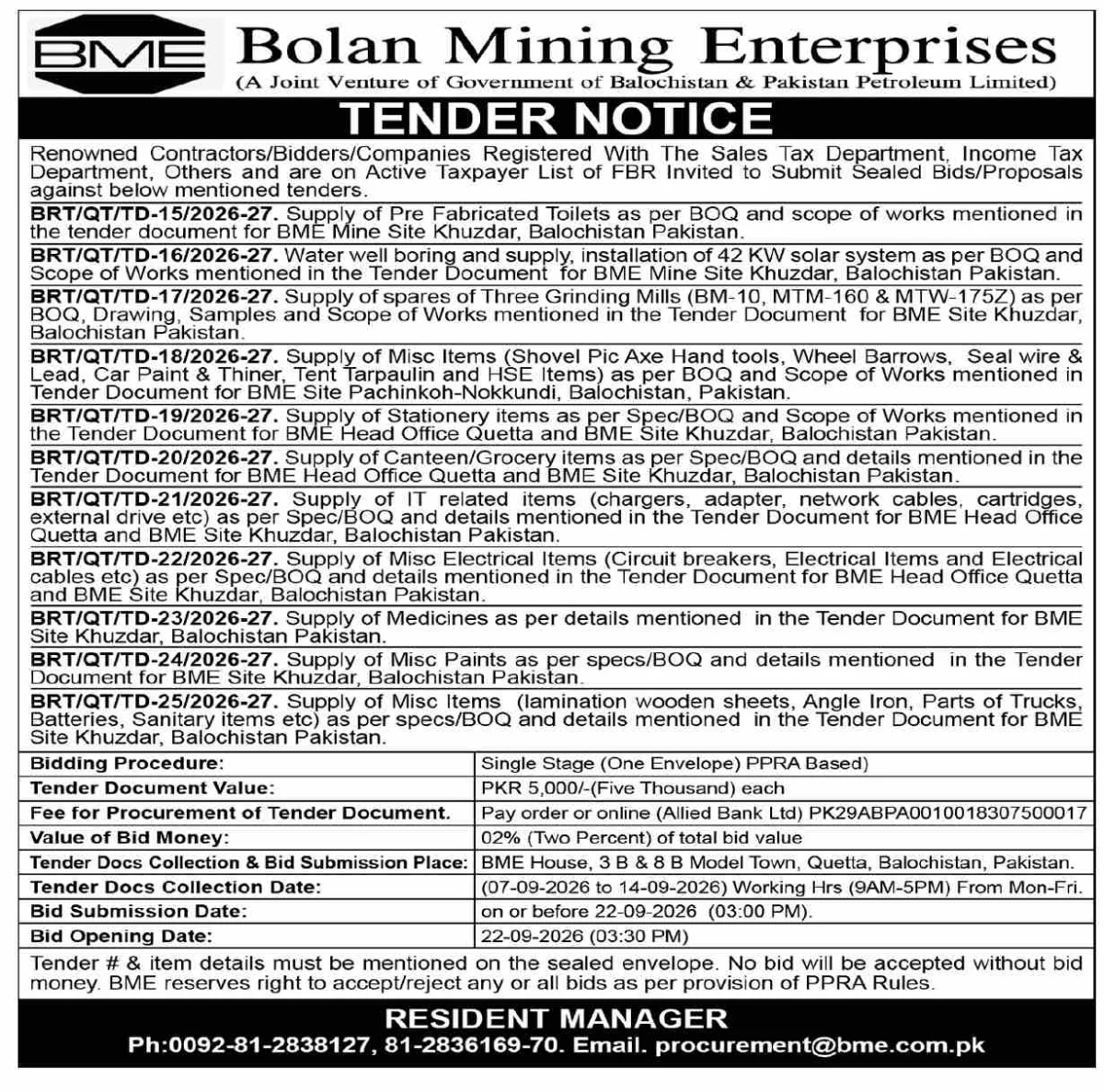 Bolan Mining Enterprises Tenders 2026–27 for Supplies and Site Works