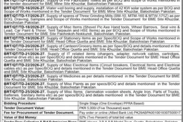 Bolan Mining Enterprises Tenders for Supplies and Solar Works in Balochistan – BRT/QT/TD-15 to 25/2026-27