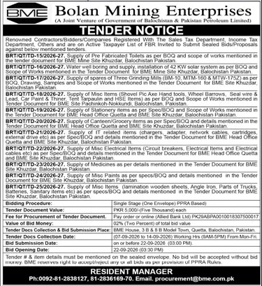 Bolan Mining Enterprises Tenders for Supplies and Solar Works in Balochistan – BRT/QT/TD-15 to 25/2026-27