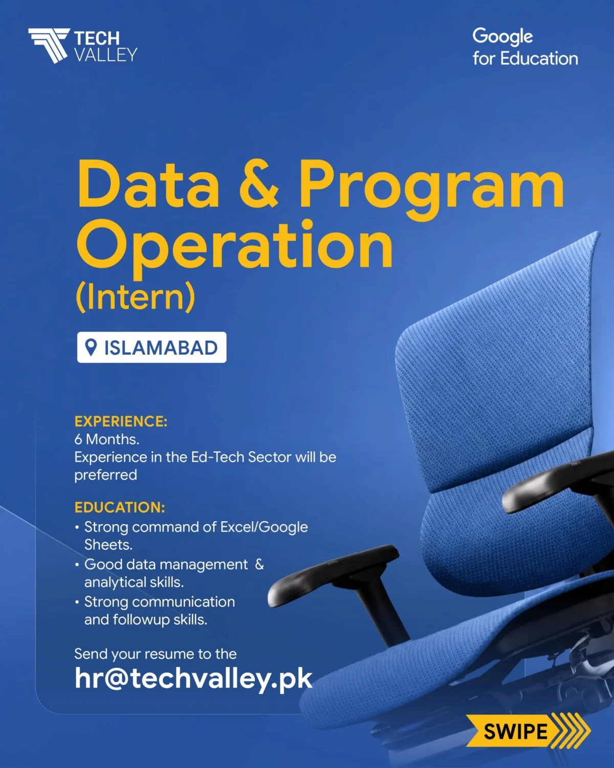 Data & Program Operation Intern at Tech Valley in Islamabad
