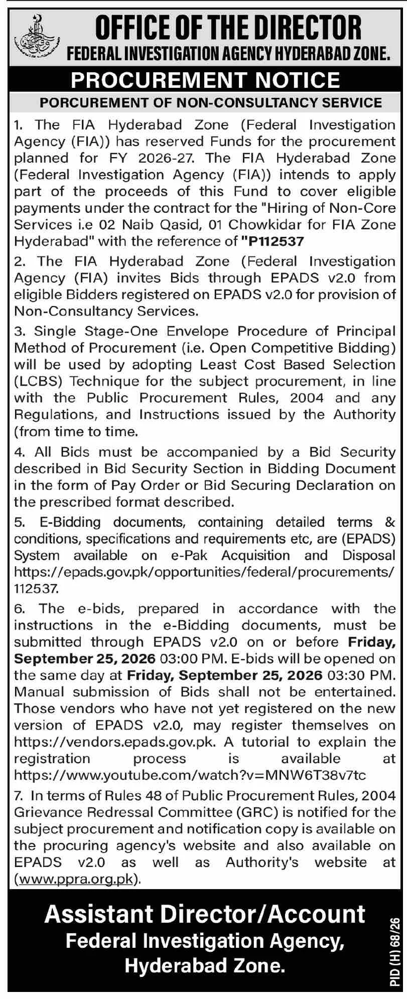 FIA Hyderabad Zone Tender for Hiring Naib Qasid and Chowkidar Services – PI1125337