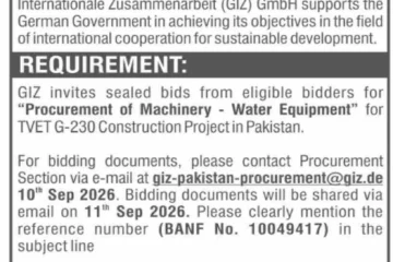 GIZ Sealed Bid for Procurement of Machinery and Water Equipment – BANF No. 10049417