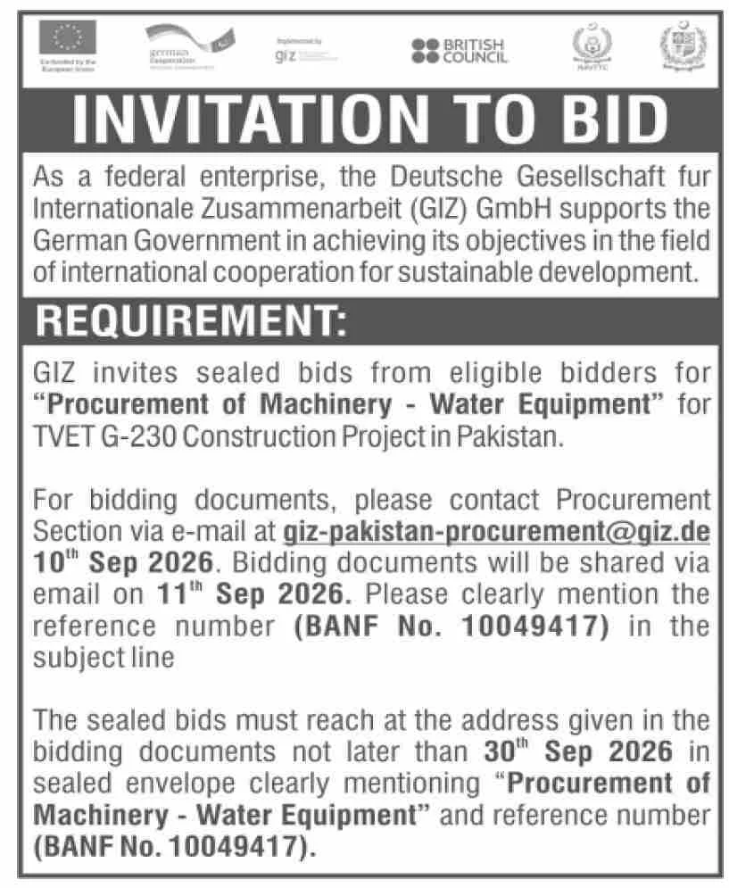 GIZ Sealed Bid for Procurement of Machinery and Water Equipment – BANF No. 10049417