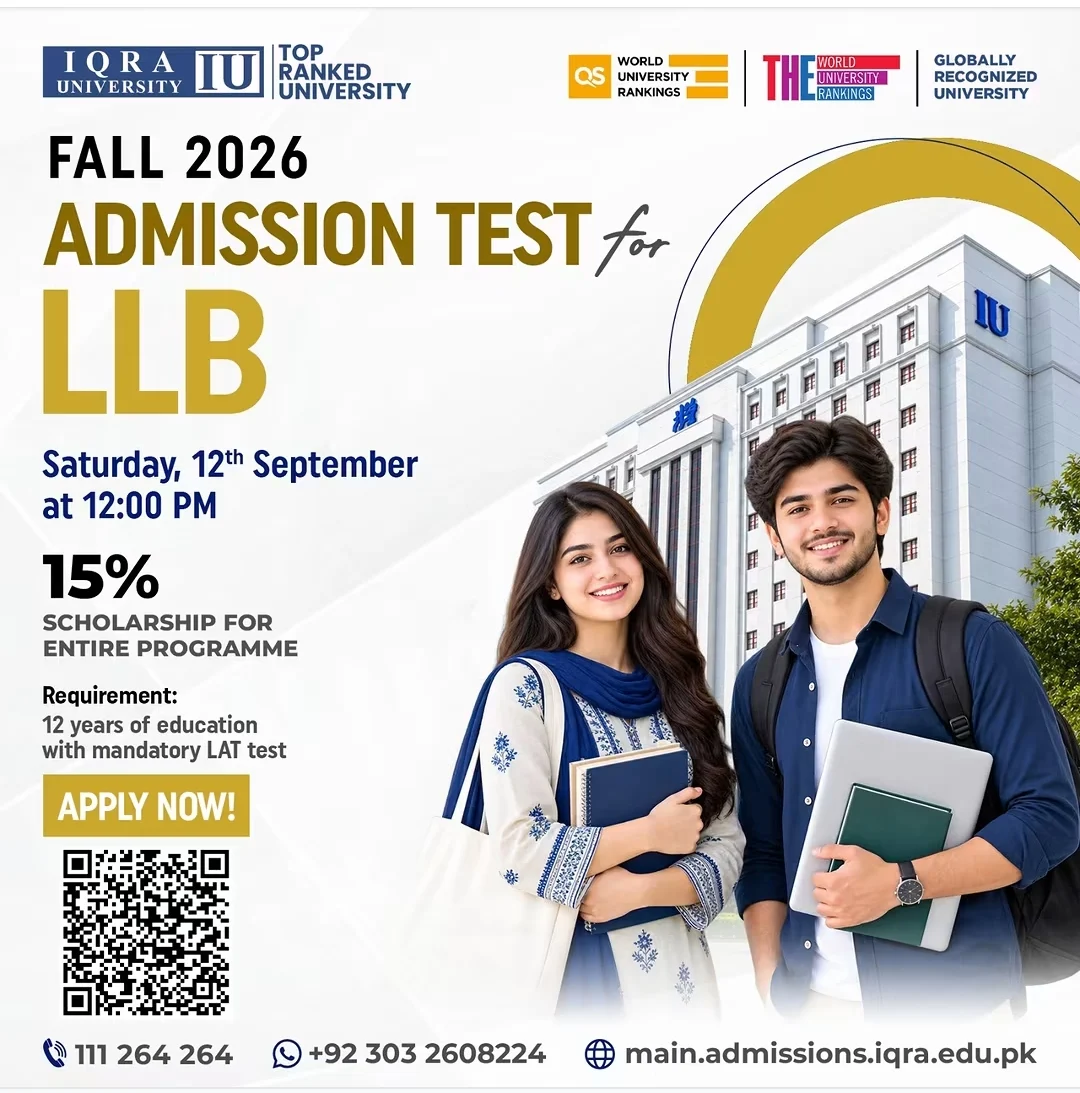 Iqra University Fall 2026 LLB Admission Test and 15% Scholarship