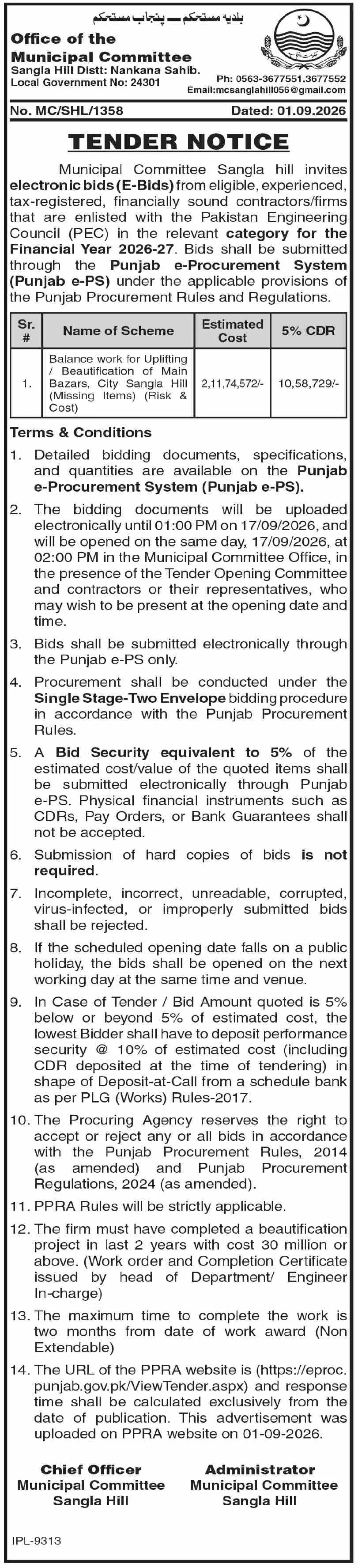 Municipal Committee Sangla Hill Tender for Main Bazaars Beautification Balance Work