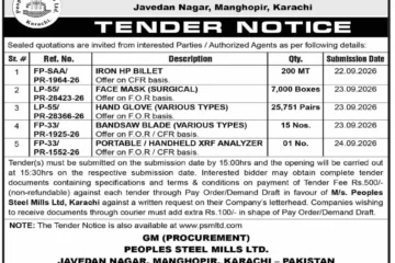 Peoples Steel Mills Tenders for Billet, Safety Supplies, Bandsaw Blades and XRF Analyzer