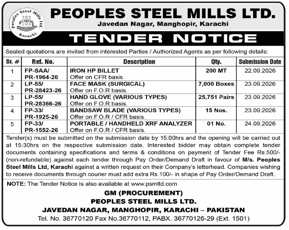 Peoples Steel Mills Tenders for Billet, Safety Supplies, Bandsaw Blades and XRF Analyzer