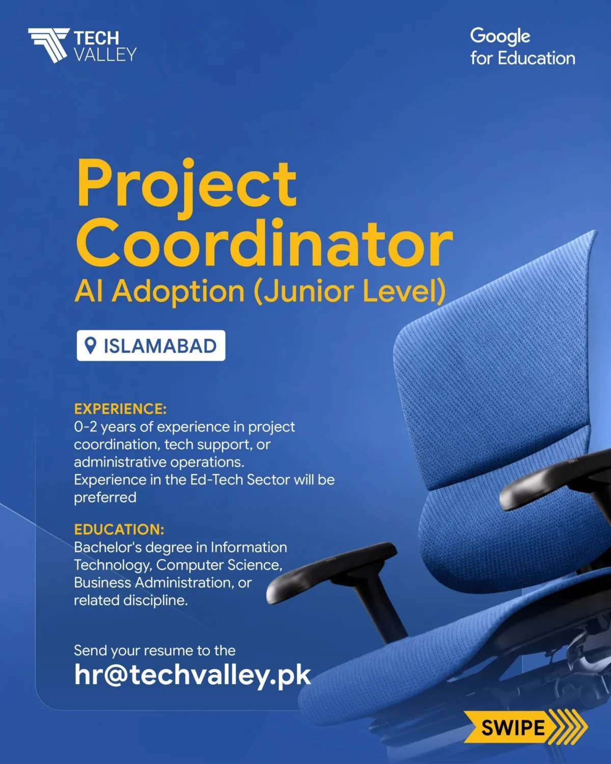 Project Coordinator – AI Adoption (Junior Level) Job in Islamabad at Tech Valley