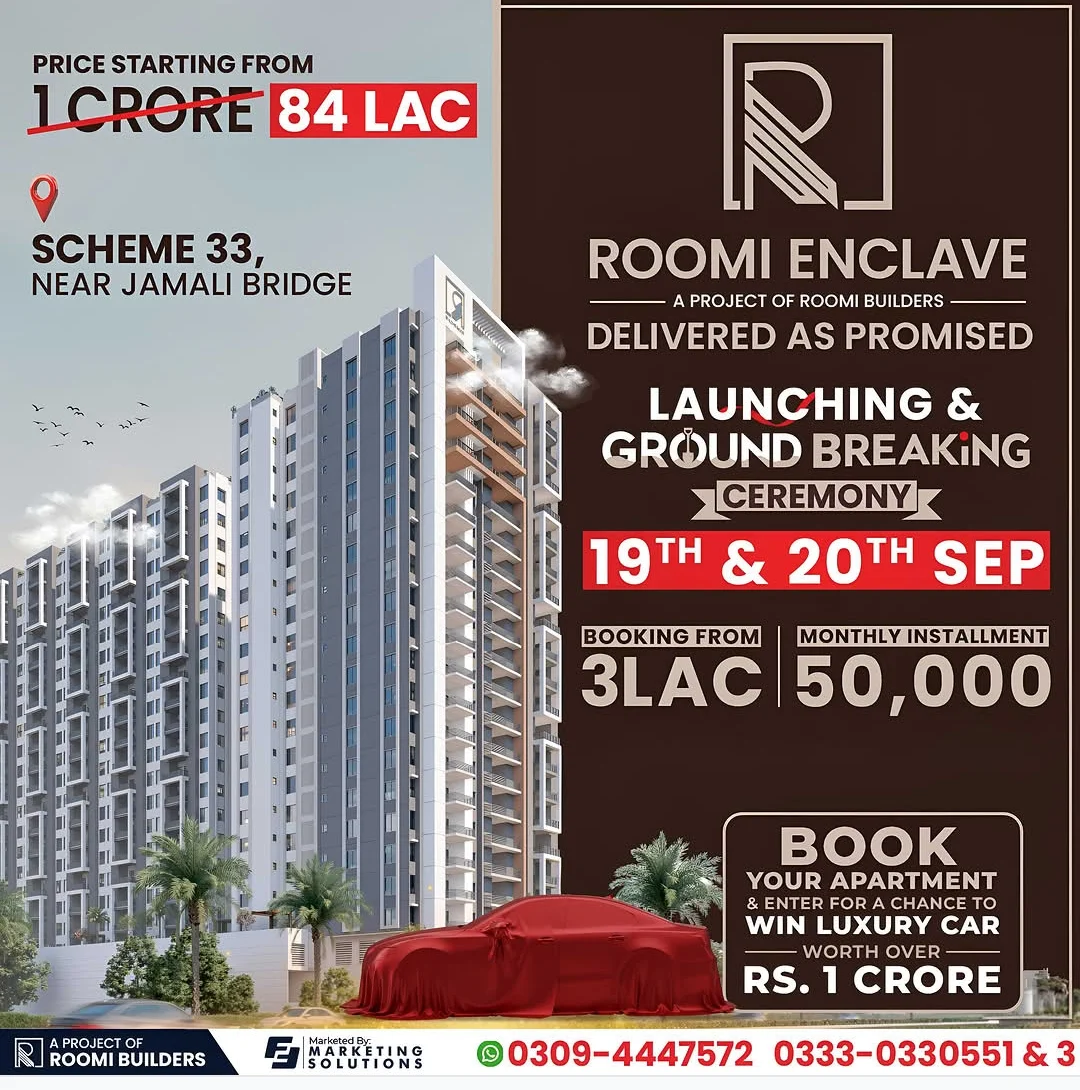 Roomi Enclave Apartments for Sale in Scheme 33 Near Jamali Bridge