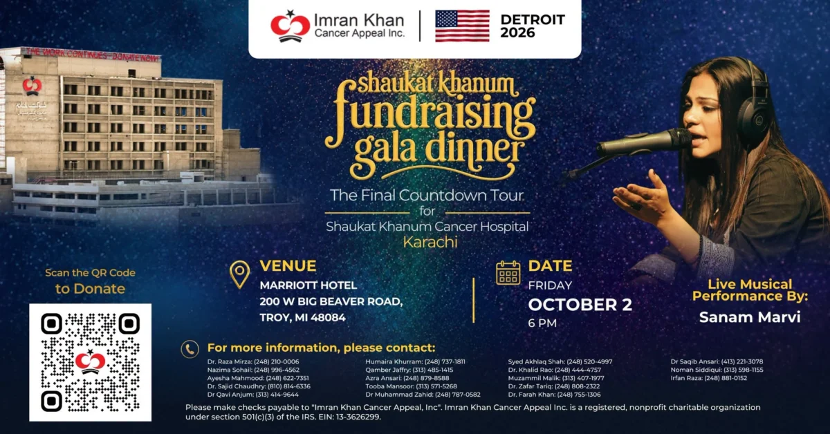 Shaukat Khanum Fundraising Gala Dinner Detroit 2026 with Sanam Marvi