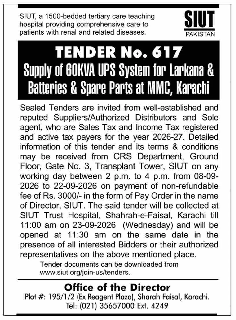 SIUT Tender No. 617: 60KVA UPS System for Larkana and Batteries & Spare Parts at MMC Karachi