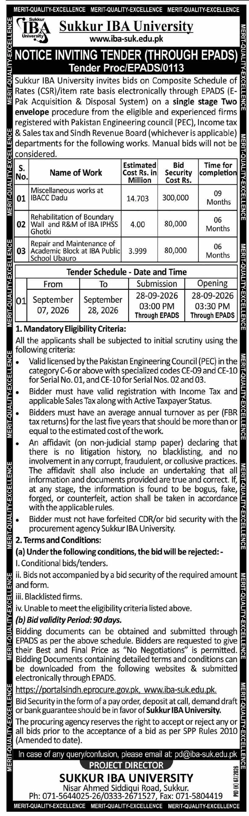 Sukkur IBA University EPADS Tender for Works at Dadu, Ghotki and Ubauro